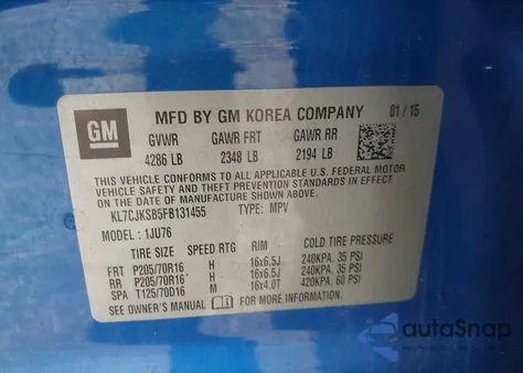 2015 Chevrolet Trax 1Ls from USA, damaged, VIN KL7CJKSB5FB131455